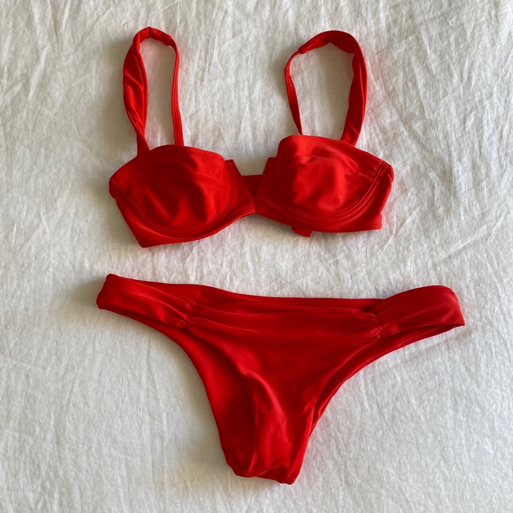 Monday Swimwear. Red swimsuit top and bottom.